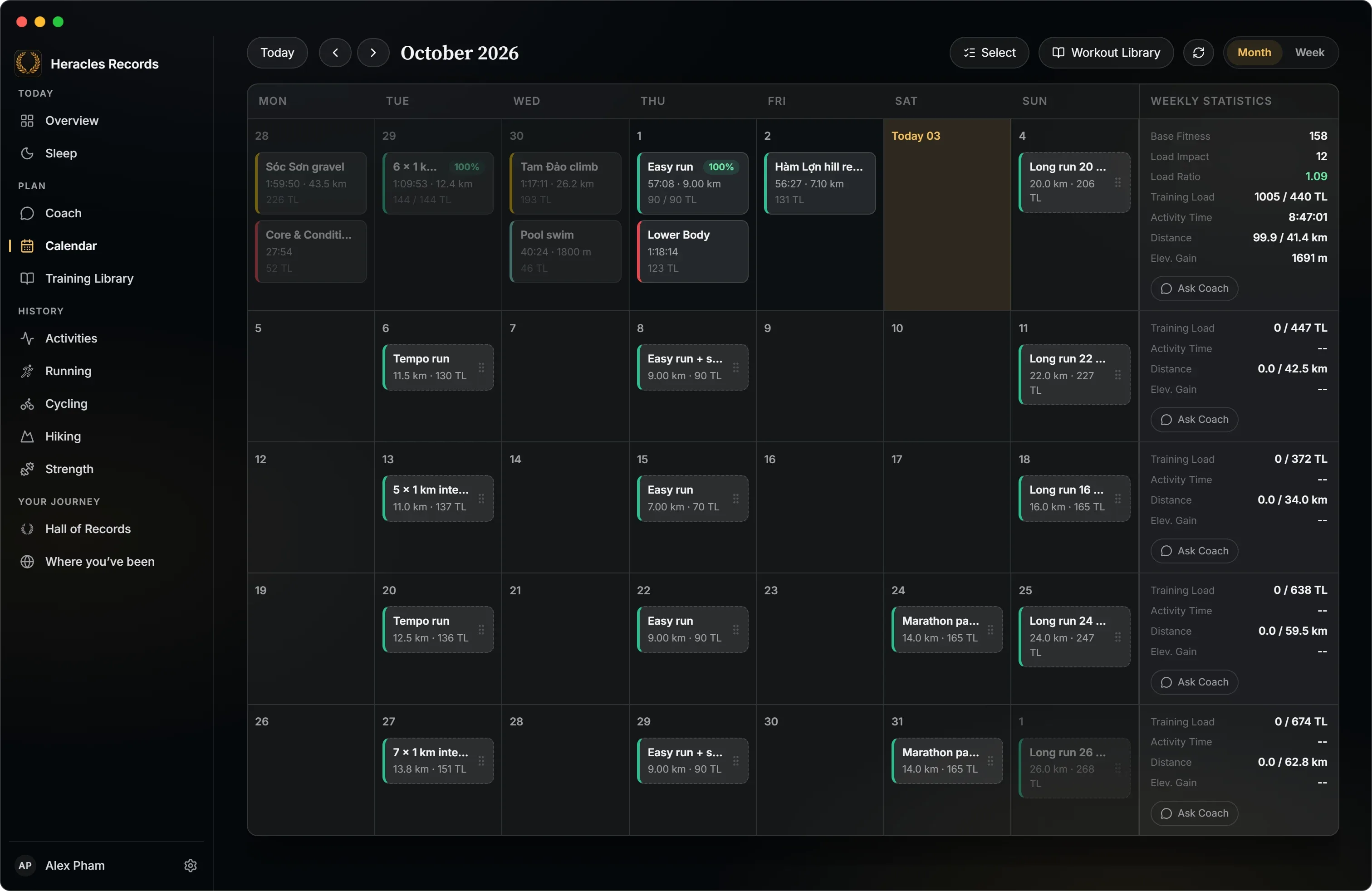 Calendar: planned and completed sessions by month