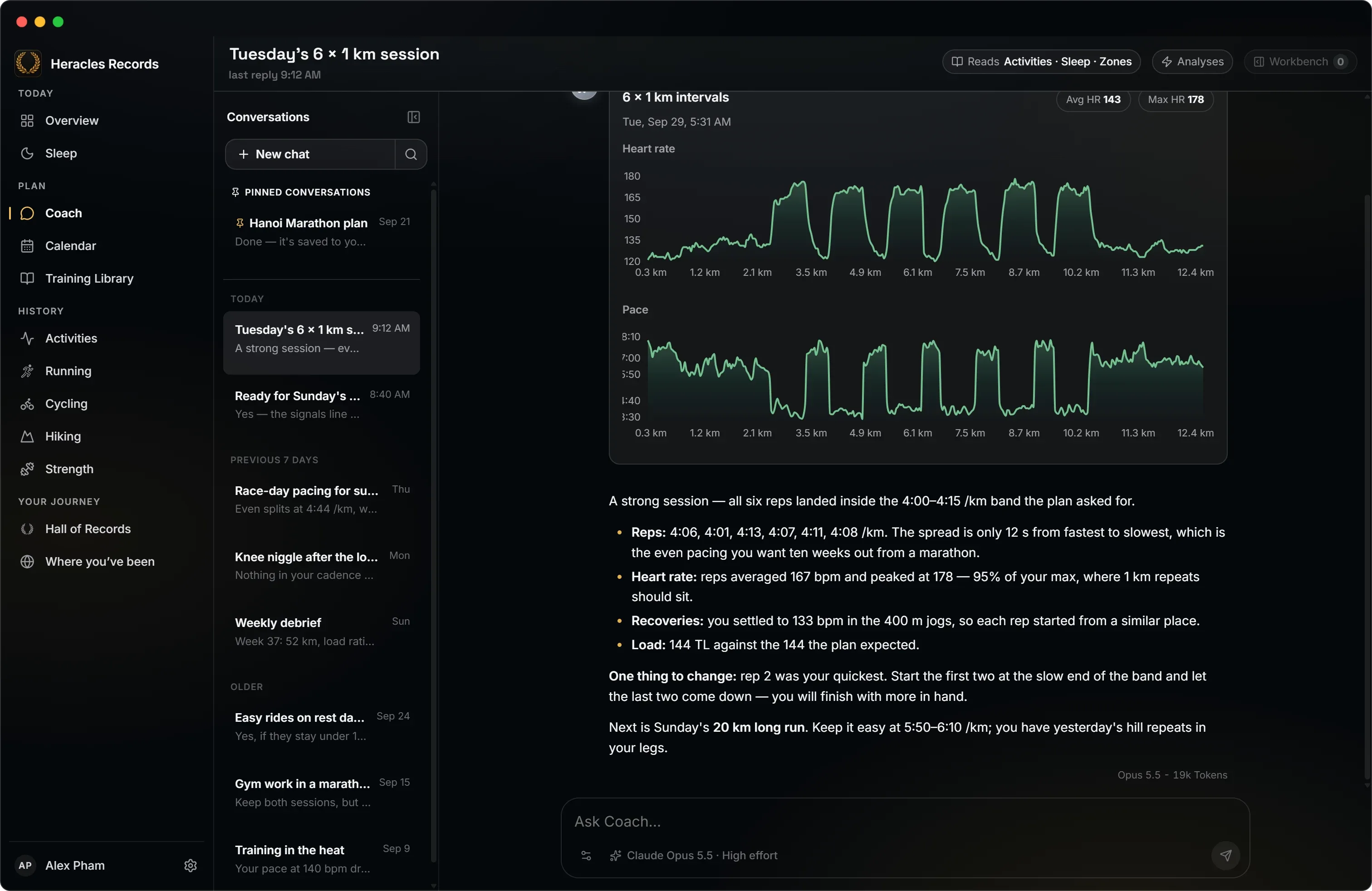 Coach: an interval session analysed, with heart-rate and pace charts