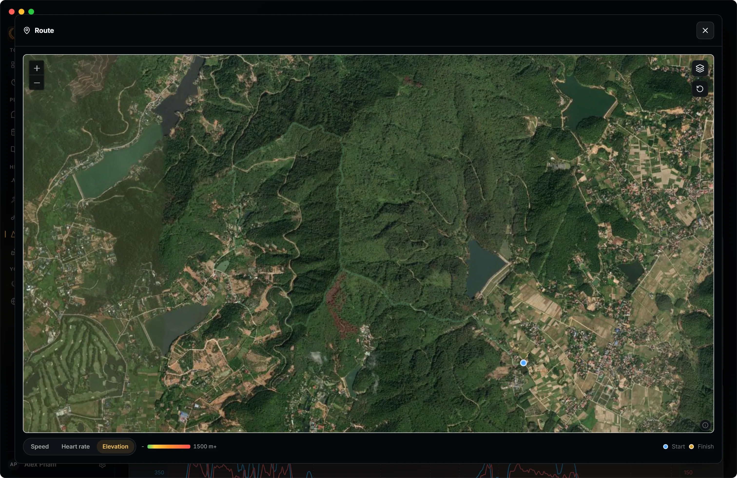 A hike around Hàm Lợn replayed on a satellite map, coloured by elevation