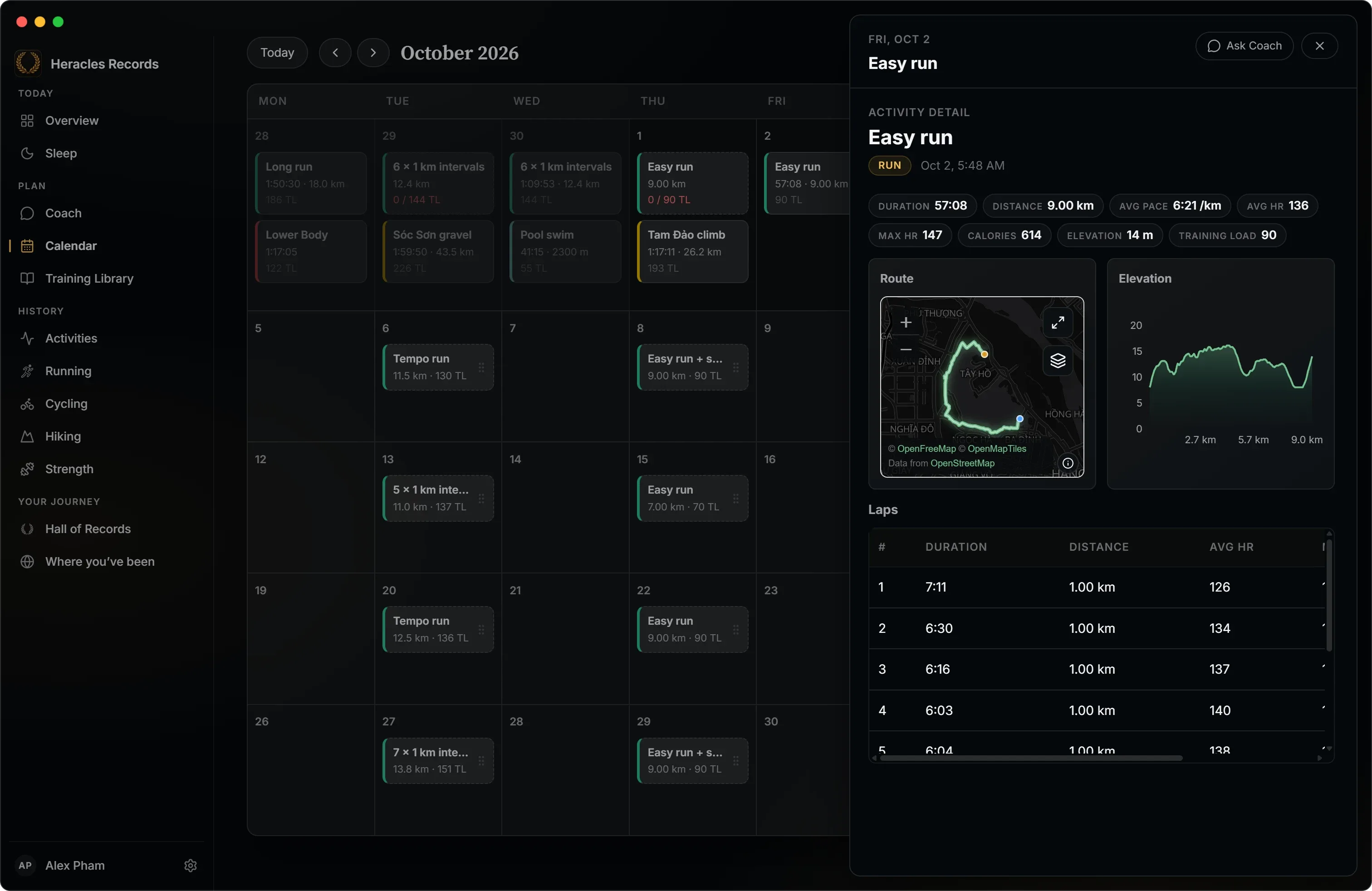 Calendar with a session's detail open beside the month